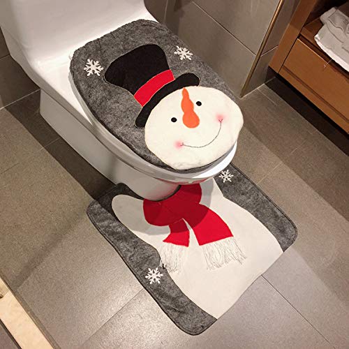 Pertaka 2pcs Copriwater e Copri Serbatoio di Natale, Set WC Natale Copriwater Copri Serbatoio Tappettino Tema Babbo Natale Pupazzo Elk (Snowman)