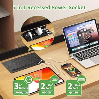 Multiprise Encastrable 2 USB C PD 30W, Aluminium Prise Encastrable Plan de Travail avec Interrupteur, Bloc Prise Escamotable pour Cuisines Bureaux Salle de Réunion, 1.8M Câble, Noir