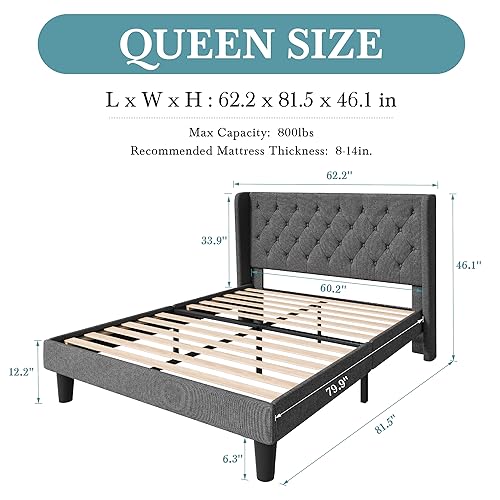 HOOMIC Classic Queen Size Bed Frame with Button Tufted Wingback Headboard, Upholstered Platform Bed with Strong Wooden Slats Support, No Box Spring Needed, Dark Gray
