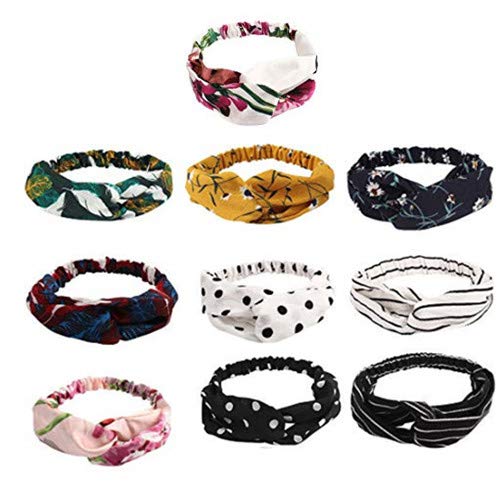 10 Pack Headbands for Women Boho Vintage Knotted Headbands, Amcami Flower Printed Boho Bands Twisted Headband Criss Cross Elastic Head Wrap for Girls