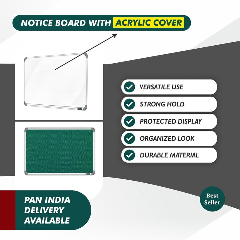Image of YAJNAS 2X5 Feet Premium Material Green Designed Notice Board with Acrylic Door /Soft Board /Bulletin Board /Pin-up Display Board for Study Room, Office, School & Home Use