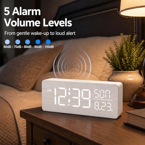 Image of Peakeep Wooden Digital Alarm Clock Large Display, Textured Decoration | for Bedroom Living Room Desk Table, Electric Plug-in Clock Battery Backup with Time Date Day, 5 Brightness, Auto DST
