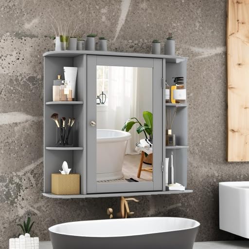Miniatura 5 de Tangkula Armario de pared de baño con espejo, moderno botiquín con puerta de espejo, 4 estantes internos y 6 estantes laterales abiertos,