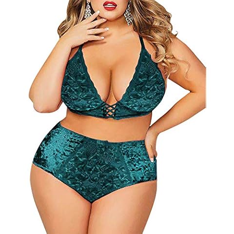 Plus Size Lingerie Set for Women, Sexy Crushed Velvet Mesh Lace Up Halter Bralette & High Waist Panty, Green, XXXL Cover
