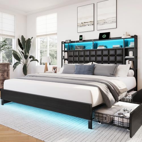 LARMACE King Size Bed Frame with 4 Storage Drawers and Bookcase Headboard, Faux Leather Upholstered, Wooden Platform Bed Frame with Charging Station and LED Lights, No Box Spring Needed, Black