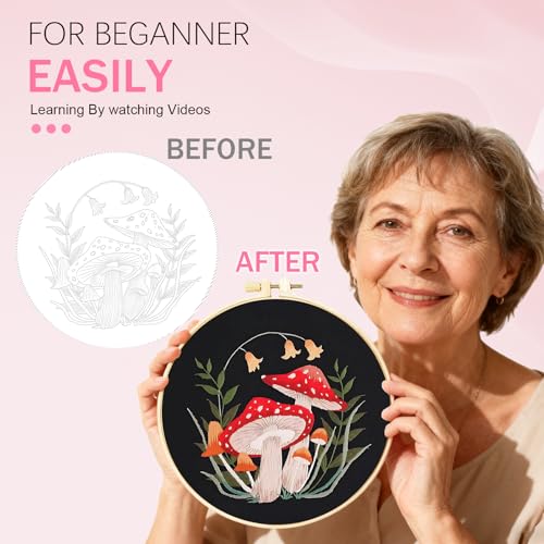 Image of Huacan Embroidery Kit for Beginners Adults Includes Stamped Flower Pattern, Hoop, Color Threads,Tools,Easy to Follow Instruction (Mushroom)