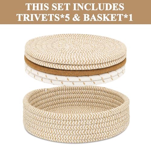 Trivets for Hot Dishes, Pots and Pans, Hot Pads with Storage Basket, Pot Holders for Kitchen, Heat Resistant Mat Protect Counter Home Essentials, Farmhouse Decor (Mix Brown 5 PCS) - 1