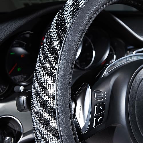 Image of CAR PASS Bling Diamond Leather Steering Wheel Cover, with Bling Sparkly Crystal Glitter Rhinestone Universal Fit 14 inch 1 /2-15 inch Car Wheel Protector Fit for Women Girl SUV,Vans,Sedans,Trucks, Zebra Print