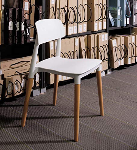 Finch Fox Bella - Silla de comedor/silla de cafetería/silla de café/sillas laterales sin brazos, plástico ABS moldeado con madera y estilo americano de mediados de siglo (blanco)