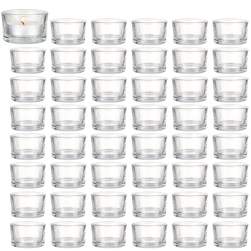 MATANA - Tea Light Candle Holders Elegant Clear Glass, 5 x 3 cm for Home Decoration, Restaurant, Celebrations Engagement, Wedding, Anniversary, Garden Party - 2" Holder (48 Pack)