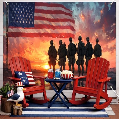 Image of Bliss Yard USA Patriotic Party Backdrop 8 x 6 Ft, American Flag Soldier Theme Banner, Independence Celebration Decor for Outdoor Yard Lawn Porch, Memorial Veterans Tribute Party Supplies
