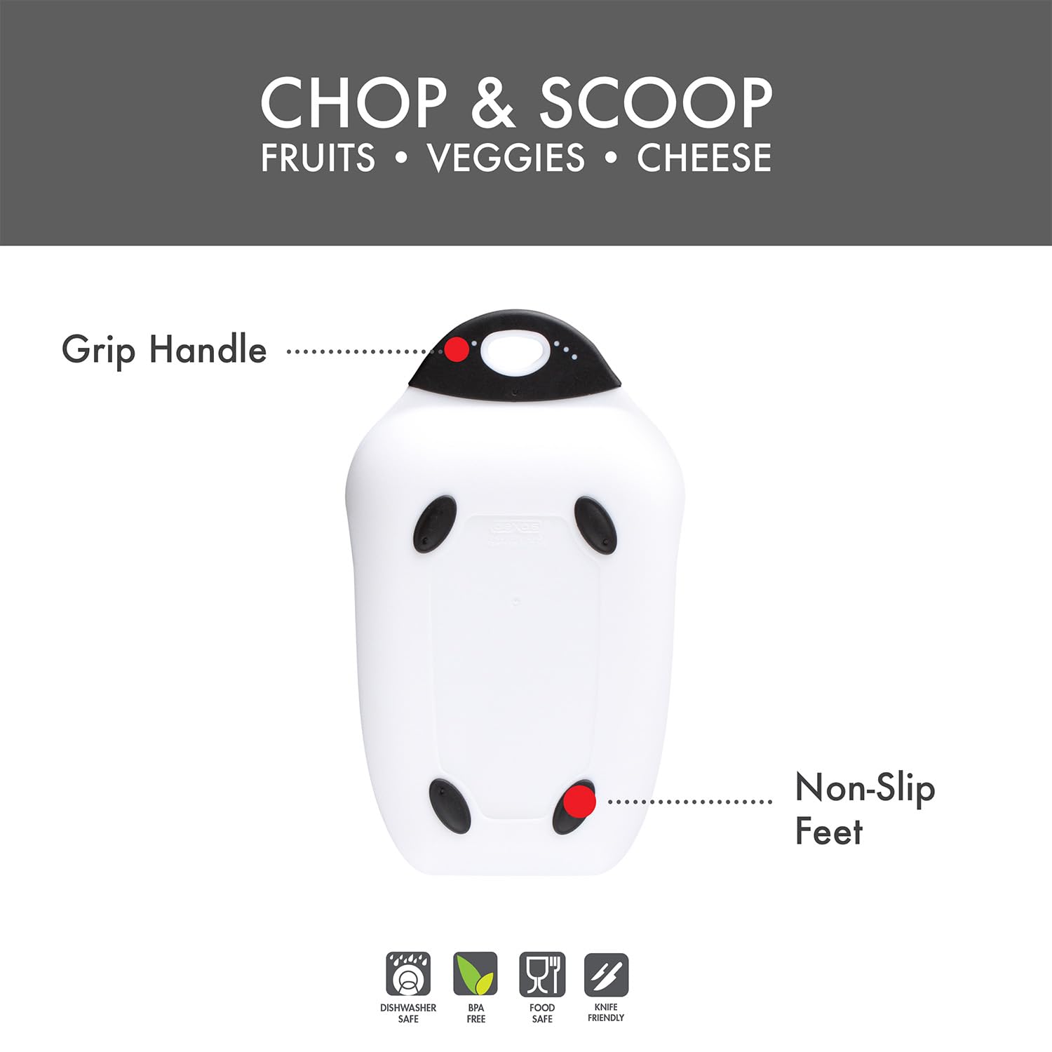 Dexas Chop & Scoop deska do krojenia, mała, 16,5 x 26,7 cm, biała z czarnym uchwytem