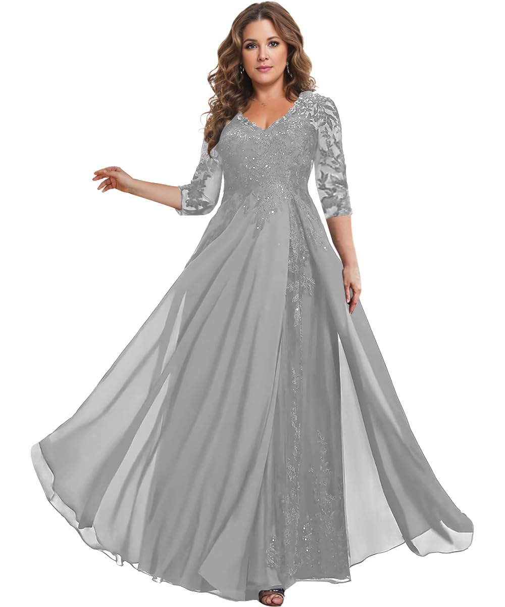 HANVAIOS Sparkly Mother of The Bride Dresses for Women Long Chiffon 3/4 Sleeve Lace Appliques Formal Gown