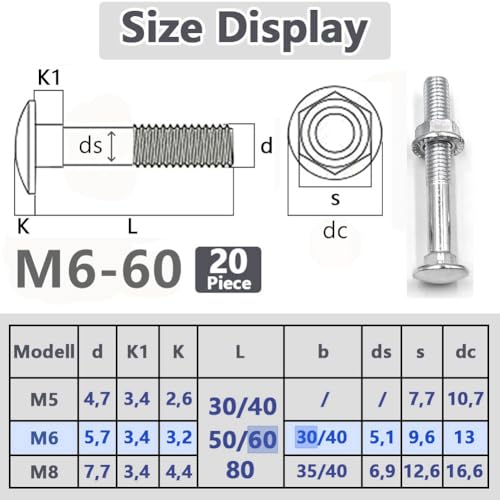 SHUNCHG M6 X 60mm Coach Bolts, Cup Square Carriage Bolt and Nut Pack of 20, M6 (6mm) X 60mm Coach Bolts with Hexagon Nuts - Image 2