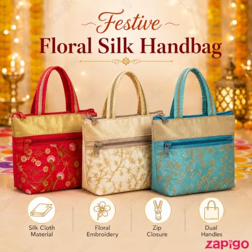 Image of Habba Embroidery Design Hand Bag for Women, Padded Handles, Zip Closure, Compact Ethnic Festive Wedding, Mehendi, Haldi Kumkum, Tamboolam, Shagun, Return Gift Bag for Guests, Pack of 5
