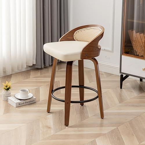 Image of 30 inch Swivel Rattan Bar Stools Set of 2,Mid-Century Modern Faux Leather Upholstered Bar Height Stools,Kitchen Island Barstool with Rattan Low Backrest,Walnut Wood Finish Bar Chairs,Beige PU