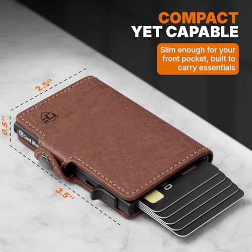 Image of Card Blocr Leather Wallets for Men RFID Blocking Pop Up Wallet Brown CaseID | Designed with Aluminum Core, Compact Case Stores Payment Items & Cash with Easy Access Supporting Carry & Travel