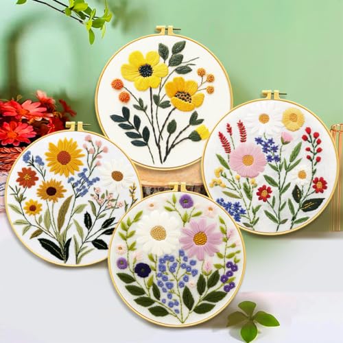 Image of Zhenqing 4-Piece Floral Embroidery Kit for Beginners - Complete Set with Printed Cotton Fabric, Hoop, Threads & Tools (C0155)