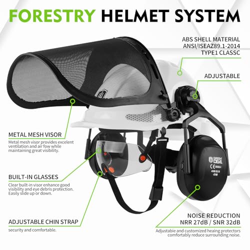 Image of GREEN DEVIL Chainsaw Safety Protective Helmet Forestry Helmet with Build-in Visor Mesh Face Shield Ear Muffs 4 in 1 Ideal for Arborist Tree Work DIY Outdoor Logging Hard hat