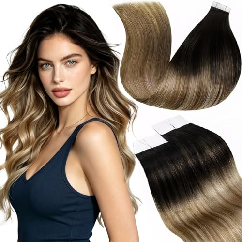 Image of LaaVoo Tape in Extensions Human Hair 24 Inch Real Hair Extensions Tape in Ombre Dark Brown to Medium Brown Mix Caramel Brown 20pcs 50 Grams