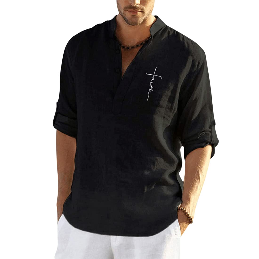 Litthing Hombre Shirt Camisa Lino Shirt Manga Larga de Algodón y Botón de Line Slim Fit Oficina Casa Viaje Caminar Primavera Verano Otoño Casual