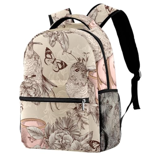 Sac à dos d'école multicolore aux motifs d'oiseaux et fleurs pour ados 29x20x40cm