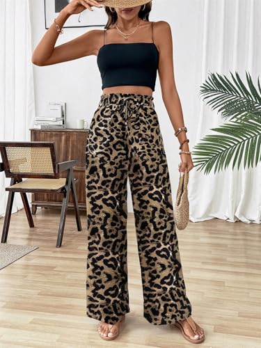 Nicetage Womens Leopard Print Wide Leg Pants High Waisted Stretchy Palazzo Trousers Beach Vacation Clothes Summer Outfits3