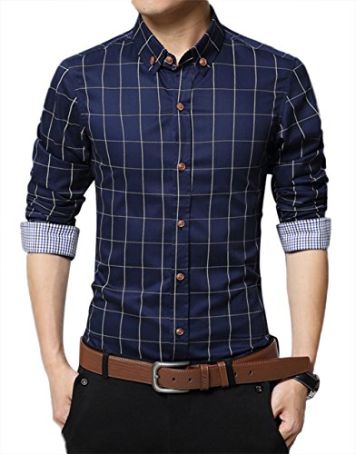 Kuson Homme Chemise à Carreaux Manche Longue Coton Slim Fit Casual Mince Bleu Foncé XL