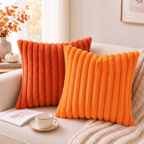 Image of Pallene Faux Fur Plush Fall Throw Pillow Covers 12x20 Set of 2, Luxury Soft Fluffy Striped Decorative Pillow Covers for Sofa, Couch, Living Room, Burnt Orange