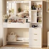 JUMMICO 114cm Schminktisch Frisiertisch mit Großem Spiegel & LED-Beleuchtung, 5 Schubladen, 7 Offene Regale und 7 Aufhängehäkchen, Kosmetiktisch für Mädchen & Frauen, Schlafzimmer Möbel, Gletscherweiß
