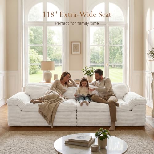 Image of Vesgantti 118 inch Modular Sectional Couch, Comfy Corduroy Upholstered Cloud Couches for Living Room, Modern 3 Seater Sofa with Deep Seat, Warm White
