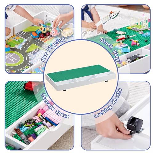 3 in 1 construction play table compatible with lego game table with block board and train car rolling game table with locking wheels and storage space suitable for storing under bed or sofa white