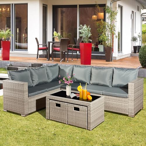 Aweather 8 Seater Rattan Corner Sofa Set Rattan Garden Furniture Set All-Weather PE Rattan Wicker...