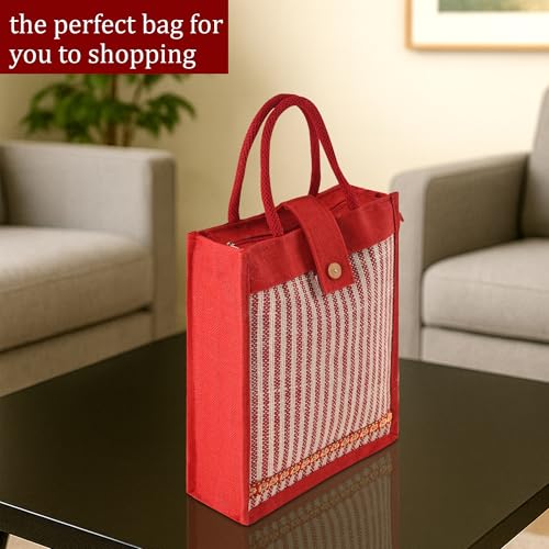 Image of Kuber Industries 3 Pcs Jute Medium Shopping Bag for Women with Handle | Multipurpose and Reusable Carry /Shopping Bag for Grocery | Lining Design - Red