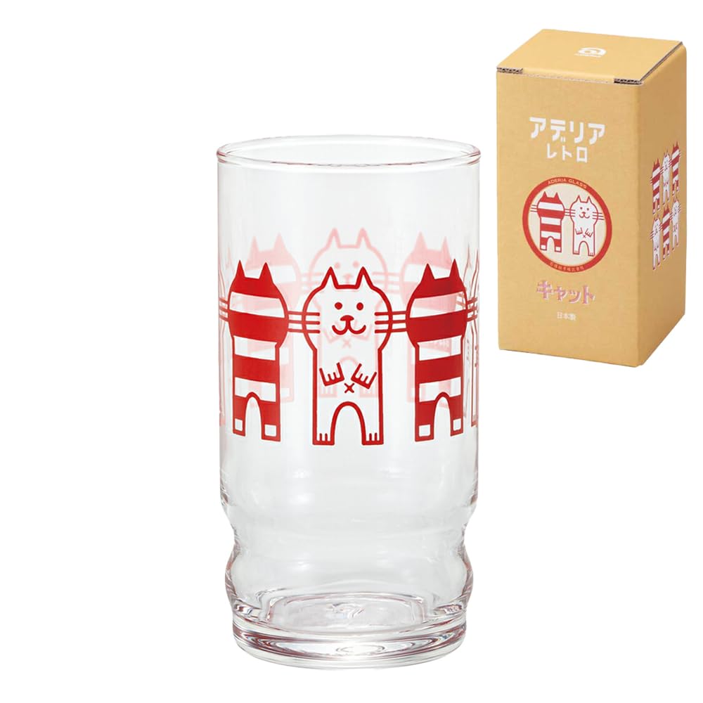 Aderia Retro Aderia Arrangement Cup, 9 Cat, 9.1 fl oz (270 ml), Cosmetic Box, Made in Japan 1030 Cup, Stylish Glass, Cute, Reproduction, Vintage Old Fashion, Cafe, Character, Animal, Cat Illustration 