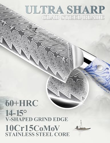 SHANGDAO Coltello da chef Kiritsuke da 8 pollici, Coltello da cucina per affettare in acciaio di Damasco forgiato con manico in resina blu e bianca - Codolo completo - Serie HUA - immagine 3