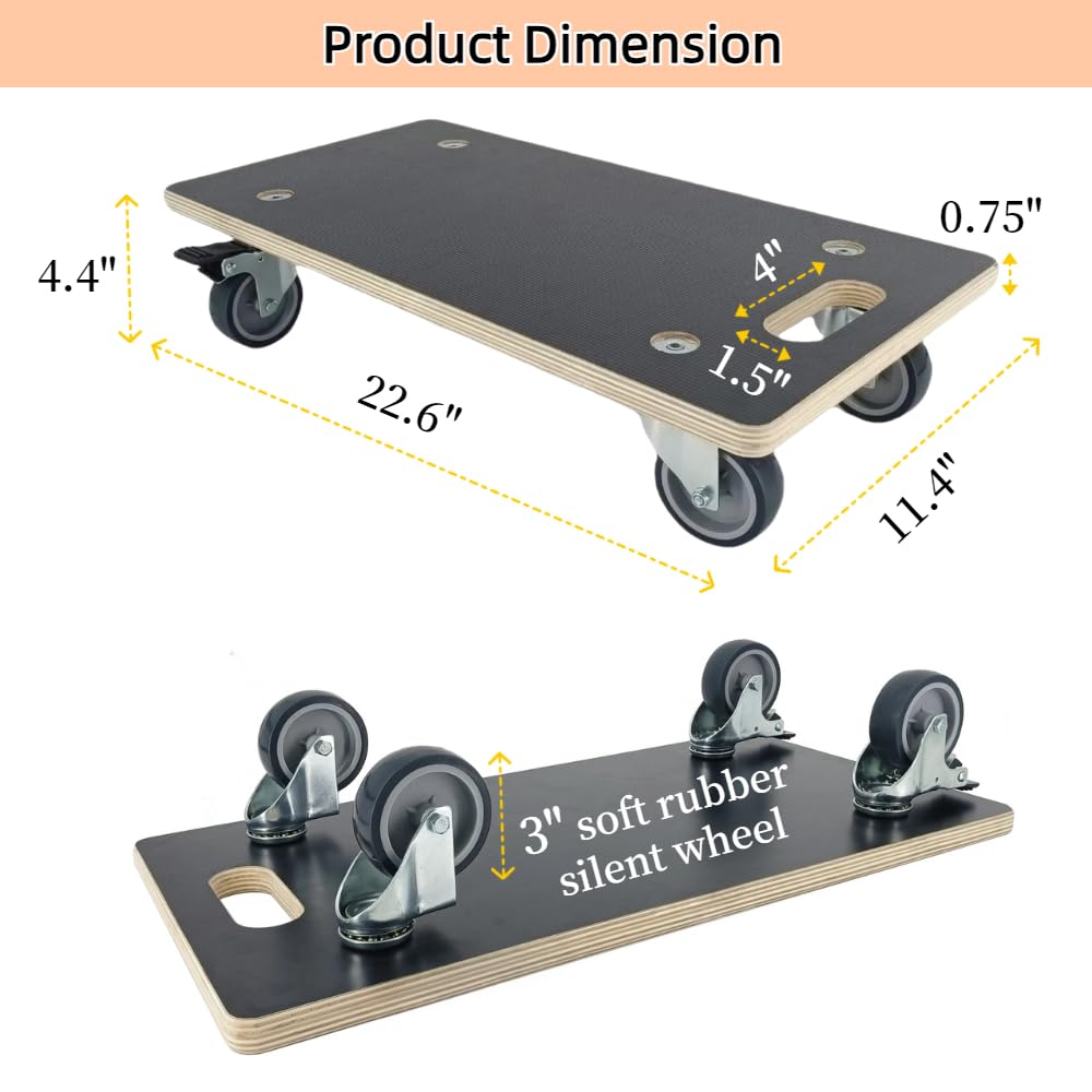 Plataforma rectangular de madera, 2 unidades, capacidad de carga de 550 libras, plataforma de madera resistente, transportador multifuncional con 4 ruedas (2 con freno + 2 sin ella)