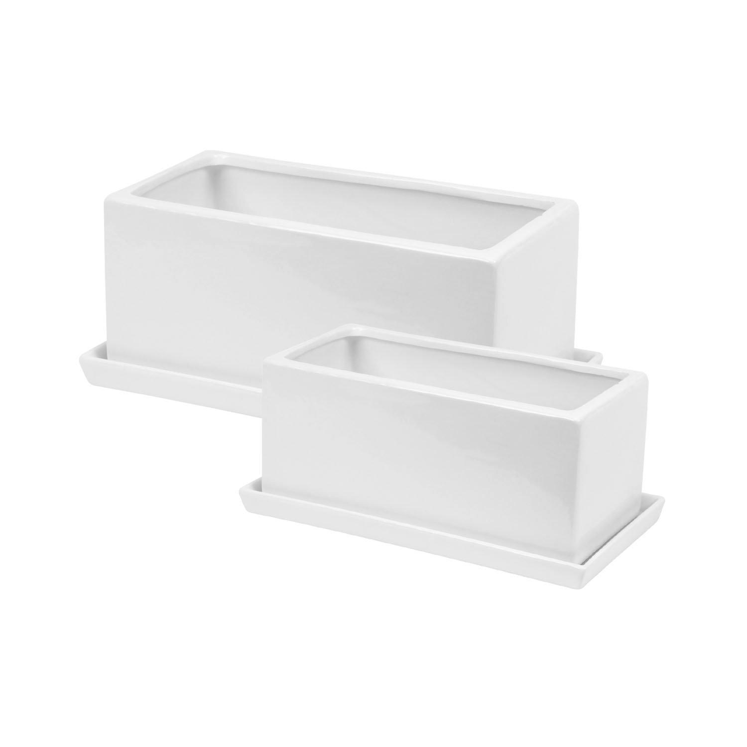 Vaso da fiori in ceramica con sottovaso, altezza 14 cm, rettangolare, bianco, liscio