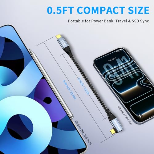 Image of ZeroneTeck 6 inch USB C Cable 0.5FT, 20Gbps High Speed Data Transfer Short, Right Angle USB C 3.2 Gen 2x2 100W PD Charging, 4K@60Hz Type C Monitor Cable 90 Degree for iPhone17, MacBook, iPad, SSD, KYY