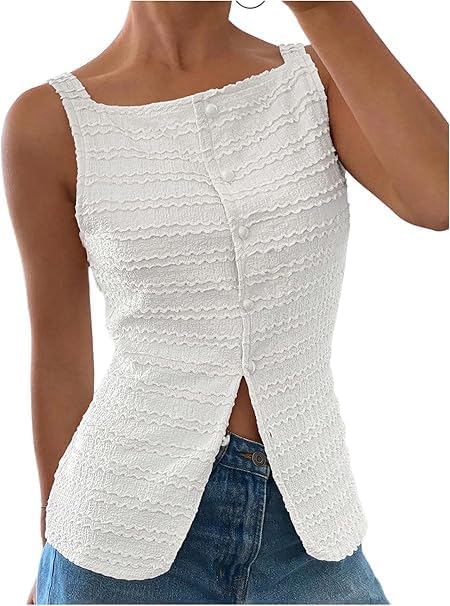 Women's Textured Button Tank Top Square Neck Sleeveless Slim Fit Lightweight Vest Y2K Summer Going Out Top