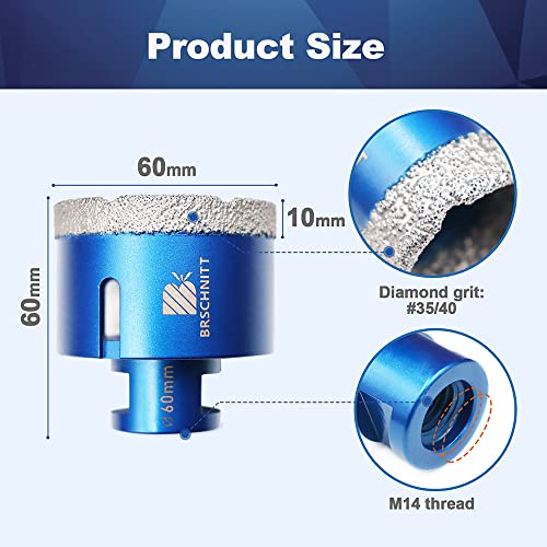 Diamond Drill Bit 60mm,BRSCHNITT 1pc M14 Vacuum Brazed Diamond Tip Drill Bit for Tile Porcelain Stoneware Ceramic Marble Granite Drilling,Suitable For Angle Grinders - Image 2