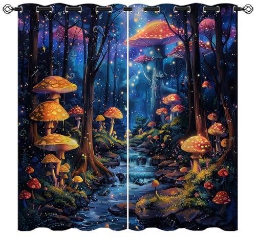 XINBADU Fairy Tale Forest Blackout Curtains for Girls Boy Home Decor, Fantasy Mushroom Forest Grommet Thermal Insulated Drapes Darkening Window Curtain for Bedroom Living Room, 42 x 45 Inch