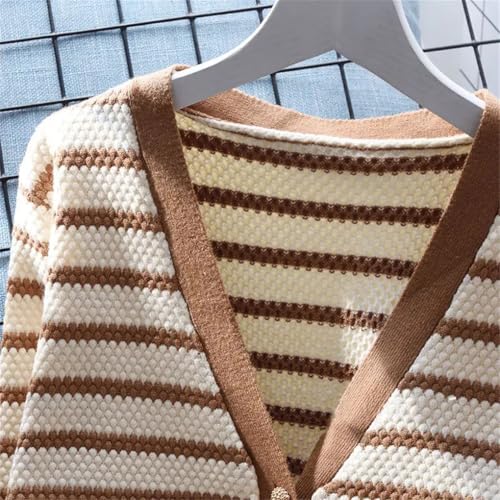 Women's Simple Striped V-Neck Single Breasted Knitted Cardigan Coat Casual Loose Long Sleeve Top2