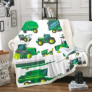 Equipment Trucks Sherpa Blanket, Excavators Flannel Blanket Green Vehicle Bed Blanket For Child Kids Children Boys Teens Construction Tractor Throw Blanket For Bedroom Decor Baby