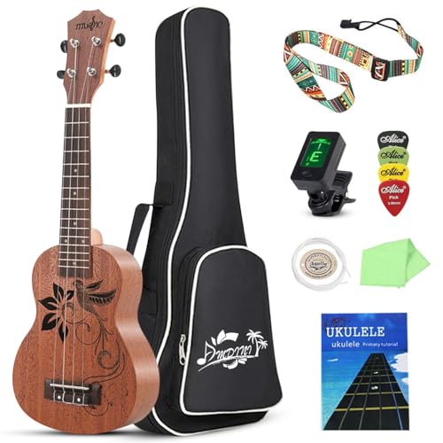 Amdini Bird 21 inch Soprano Ukulele Sapele Small Hawaiian Guitar Set with Case Strap Tuner Picks Nylon Strings Primary Tutorial