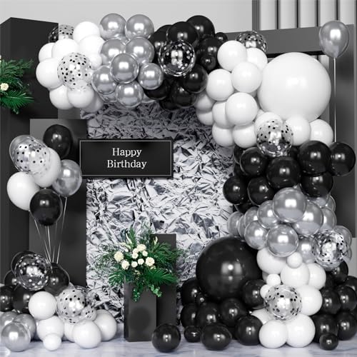 Black white Silver Balloon Arch Kit,100 Pcs Black white Silver Balloon Garland Kit with Confetti Balloons for Birthday Baby Shower Wedding Engagement Anniversary Party Decorations