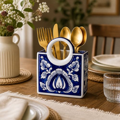 Image of Ceramic Utensil Holder, White Kitchen Organiser, Cutlery Set Holder (Blue Royal)