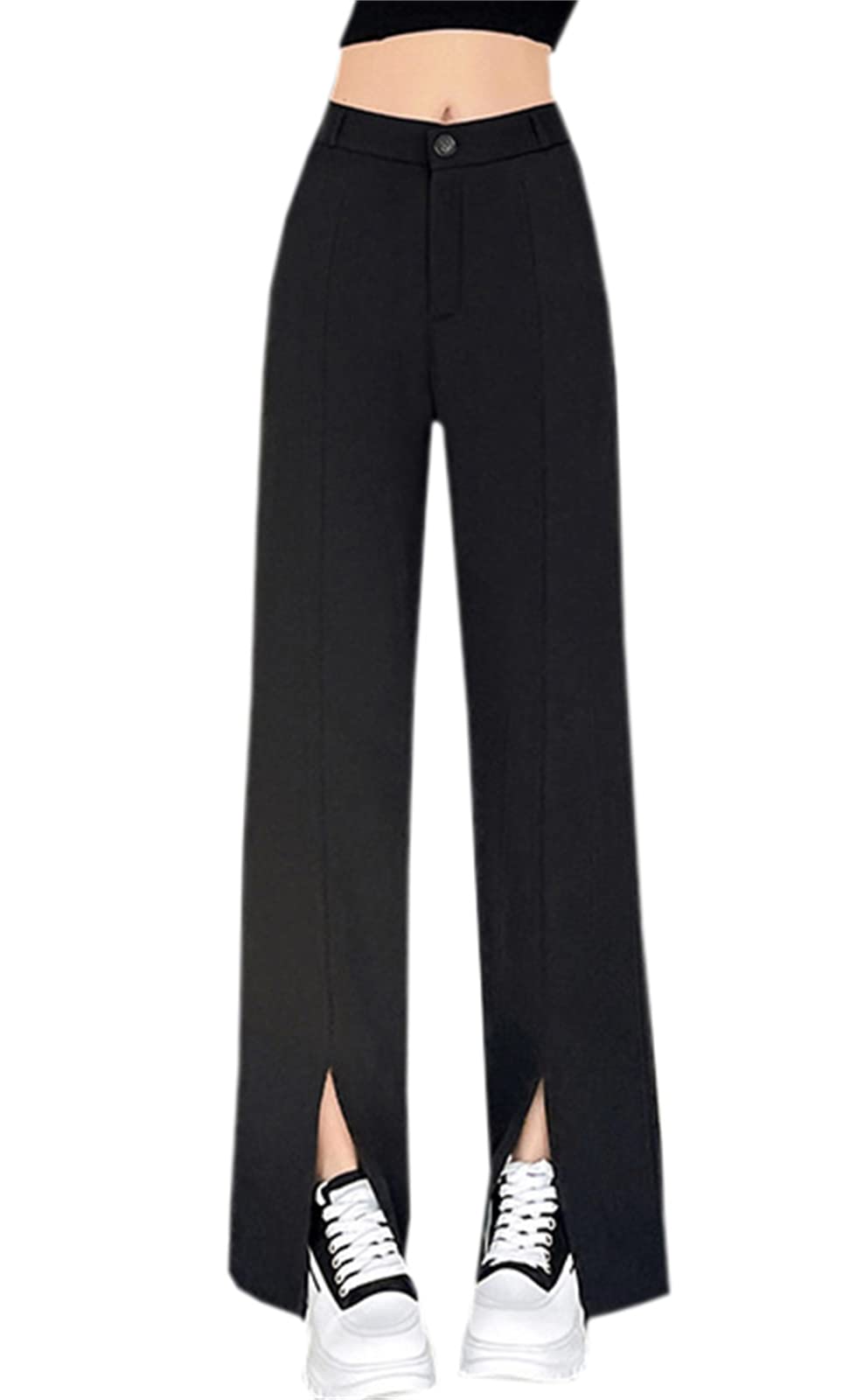 Betusline Womens Split Front Wide Leg Pants High Waist Elegant Straight Casual Dress Trousers