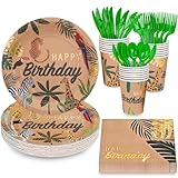 DYLIVeS Safari Jungle Birthday Party Supplies Tableware, Zoo Theme Gold Foil Forest Animal Party Decorations Packs Baby Shower - Disposable Plates, Cups, Napkins, Cutlery (Serves 24, Total 144pcs)