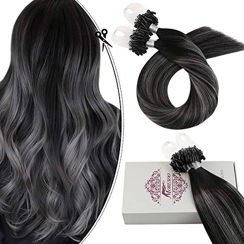 Moresoo Micro Loop Human Hair Extensions Real Human Hair 16 Inch Micro Bead Hair Extensions Human Hair 50 Strands Real Micro Loop Hair Color Off Black #1B Fading to Silver Grey
